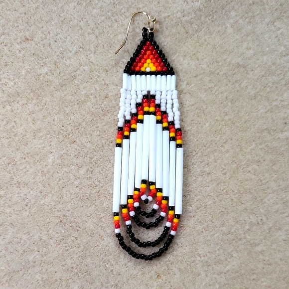 Beaded Earrings - Red, Orange, Yellow, White seed Beads and 1" Bugle beads - Picture 2 of 3